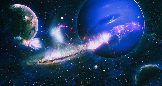 宇宙大气背景摄影照片_多彩的宇宙与星尘和银河。