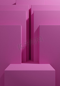 商业几何背景摄影照片_明亮的洋红色、霓虹粉色 3D 渲染简单、最小、产品讲台的几何背景、演示背景或墙纸的展台展示模板