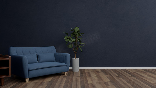现代舒适简约客厅室内设计、蓝色沙发、木地板和边桌以及绿色植物与深色脏墙背景 3D 渲染