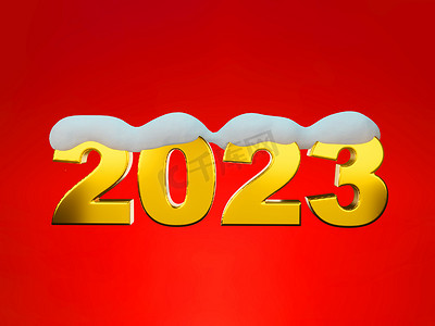 新年快乐 2023。红色背景上的金色数字 2023 与雪 3D 渲染。剪切路径。