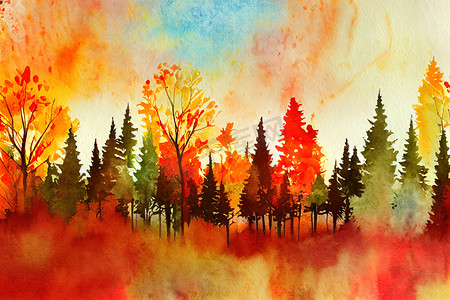 水彩红色天空摄影照片_黄色、红色、橙色的水彩秋树。