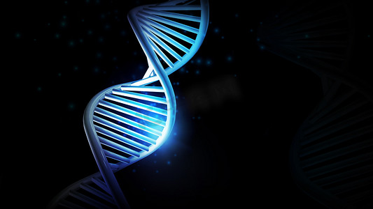 蓝色光芒摄影照片_黑色背景下 DNA 模型的蓝色光芒，3D 渲染。