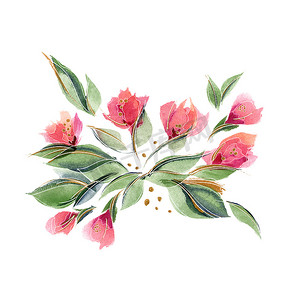 手绘春天叶子摄影照片_具有精致芳香的玫瑰花和叶子的花卉组合物