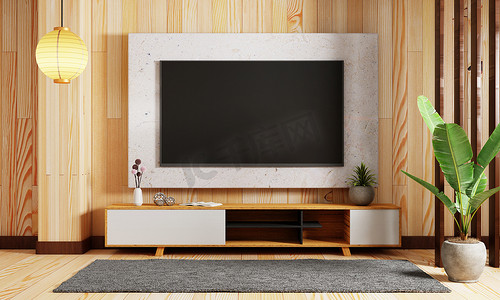 日式房屋摄影照片_日式现代客厅，墙壁背景上悬挂着模型电视。