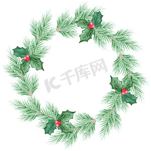 白色背景上带绿色冬青叶杉树枝和红色浆果的水彩圣诞花环