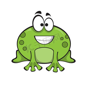绿色可爱卡通矢量摄影照片_可爱的绿色青蛙，白色背景上孤立的卡通人物