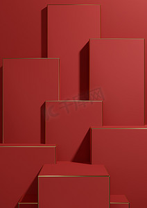 明亮的栗色、深红色 3D 渲染简单、最小、几何背景产品展示底座金色线条，用于奢侈品产品广告壁纸模板