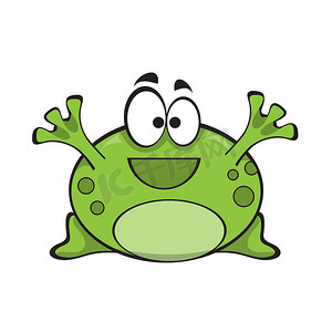 绿色可爱卡通矢量摄影照片_可爱的绿色青蛙，孤立在白色背景上的卡通人物