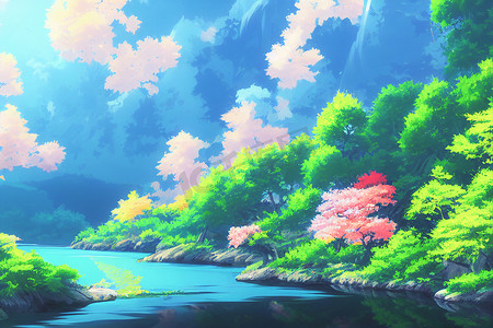 韩系动漫摄影照片_日本动漫风景壁纸，背景为美丽的粉红色樱花树和富士山