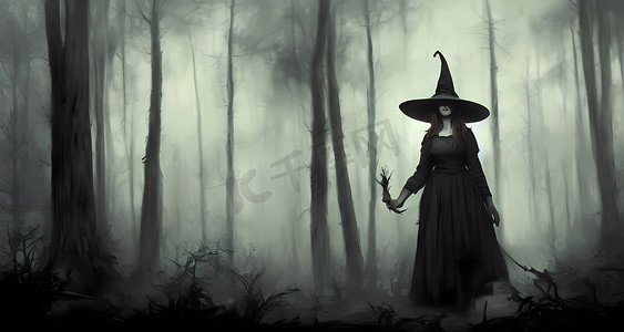 女巫万圣节摄影照片_抽象的女巫在一个可怕的黑暗森林里，万圣节的概念。