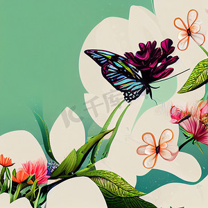 美丽的春天创意艺术作品插图与鲜花和蝴蝶