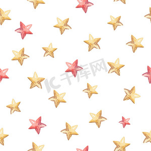 水彩手绘红色和黄色星星无缝图案白色背景用于婴儿纺织品、织物、包装纸、卡片、剪贴簿
