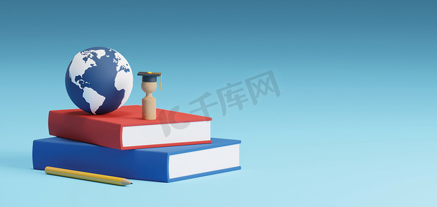出国留学横幅概念设计木人与毕业帽和世界书籍 3D 渲染