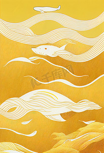 时尚的日式海报，带有波浪和金线鲸鱼，用于纺织品和社交媒体装饰、简约艺术