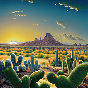 仙人掌卡通摄影照片_沙漠和仙人掌景观与日落，卡通风格