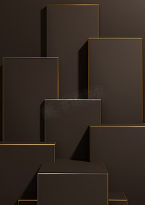 深棕色 3D 渲染简单、最小、几何背景产品展示底座金色线条，用于奢侈品产品广告壁纸模板