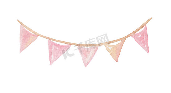 水彩可爱的粉红色三角形标志花环，用于节日和生日聚会，隔离在白色背景上。