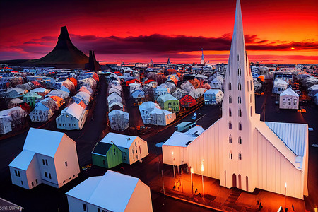 卡通天空摄影照片_雷克雅未克卡通风格 Hallgrimskirkja 教堂在日落期间