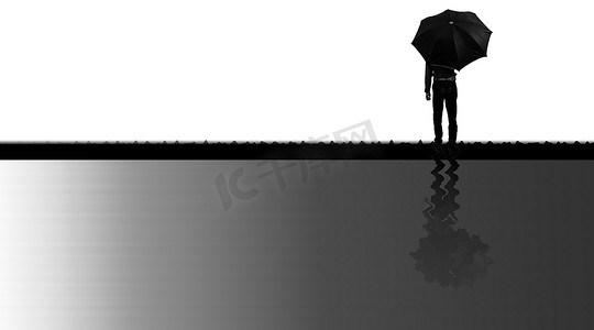 创意极简主义的人物剪影站在黑色雨伞上，在他下方的水中反射减弱，黑白相间的水平镜头。