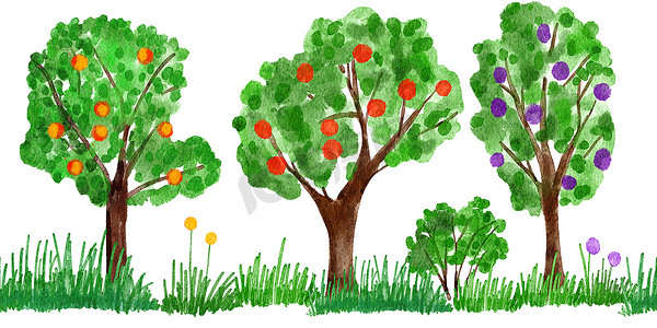 水彩手绘无缝边框插图果园果树，农场收获。