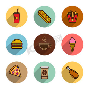 快餐矢量彩色平面设计图标、比萨饼、热狗、薯条、汉堡包、咖啡。