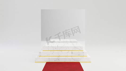 方形大理石基座台阶，配有金色框架，配有镜子和白色背景隔离的红地毯。