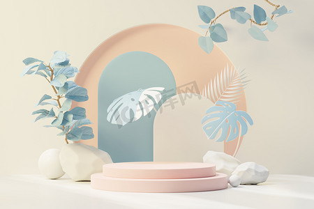 带有热带树叶和蓝色柔和植物场景的抽象基座讲台展示的 3d 渲染。