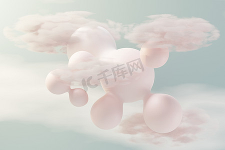 云彩气泡摄影照片_3d 渲染柔和的球，肥皂泡，漂浮在空中的斑点与蓬松的云彩和海洋。