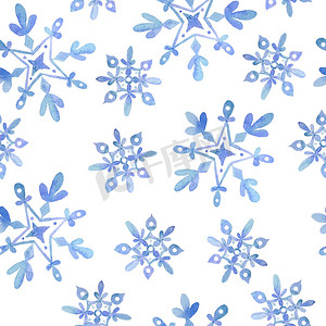 手绘淡彩摄影照片_水彩手绘无缝图案与蓝色优雅雪花圣诞新年设计包装纸纺织品。
