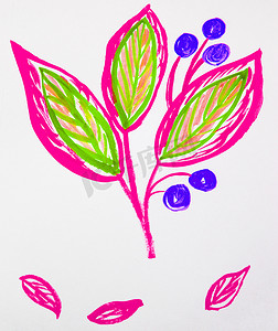 手绘春天叶子摄影照片_可爱的手绘水彩花茎，有叶子和浆果。