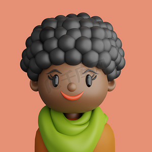 卡通头像摄影照片_微笑的黑人妇女的 3D 卡通头像。
