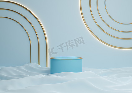 浅色、柔和、淡蓝色的 3D 渲染豪华产品展示圆柱台或带金色线条的展台，最小的构图与拱形几何闪光灯