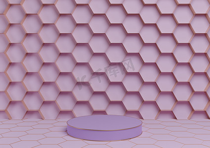 淡淡的、柔和的、淡紫色的紫色 3D 渲染产品展示台豪华金色蜂窝抽象背景与圆柱支架最小，自然豪华蜂蜜产品的简单模板