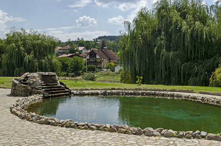 马莱舍沃和奥索戈沃山中德尔切沃镇住宅区的公共花园景观，配有美丽的人工池塘和绿色反射