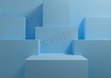 商业几何背景摄影照片_明亮、浅天蓝色的 3D 渲染简单，产品展示台的最小背景，代表展示几何背景模型模板墙纸美容化妆品
