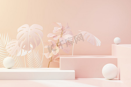 带有热带树叶和珊瑚粉色柔和植物场景的抽象基座讲台展示的 3d 渲染。