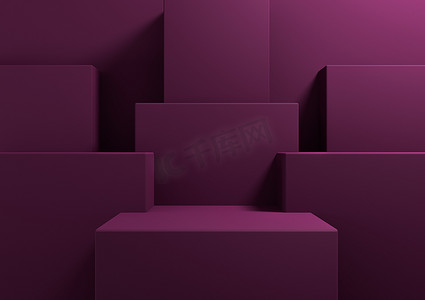 深洋红色，紫色 3D 渲染简单，产品展示台的最小背景，代表美容化妆品的演示几何背景模型模板壁纸
