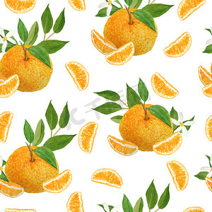 水彩手绘无缝图案插图明亮的橙色橘子柑橘类水果与充满活力的绿叶花朵。