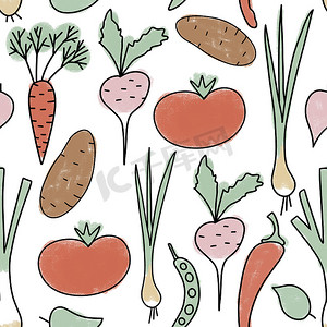手绘土豆摄影照片_手绘有机健康蔬菜、胡萝卜土豆番茄韭菜萝卜茄子花椰菜的无缝图案插图。
