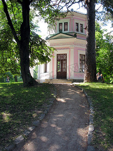参天大树摄影照片_一条陡峭的小路，两边有两棵参天大树，通向一座粉红色墙壁的建筑