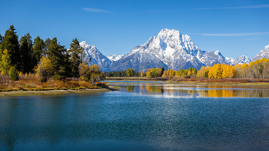 从大泰特蛇河旁的 Oxbow Bend 欣赏莫兰山景色