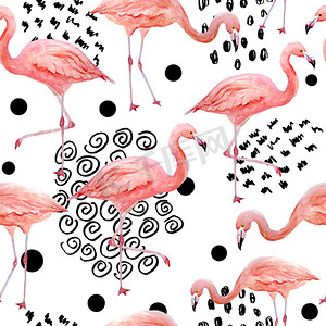 粉红色火烈鸟的无缝图案与黑色时尚的当代背景。