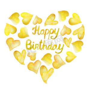 水彩生日快乐祝贺词短语字体在心形的黄色橙色颜色。