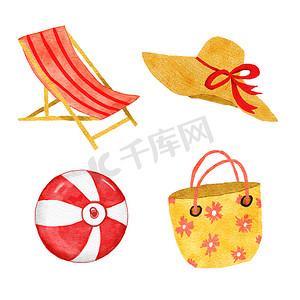 水彩手绘插图的海滩甲板折叠椅，红橙黄色，夏季草帽度假球，度假时尚手提袋。 