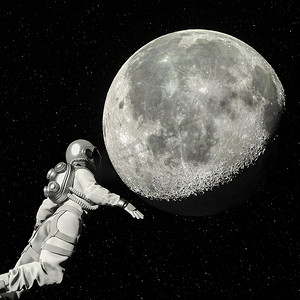 宇航员在月球背景的太空中行走