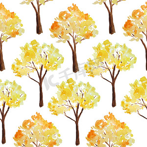秋天的落叶手绘摄影照片_水彩手绘无缝图案插图的秋天秋天树在森林森林林地公园。