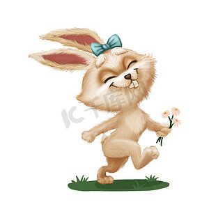 快乐可爱的毛茸茸的兔子与花 - 卡通动物角色跑过绿色的田野 - 手绘动画吉祥物用于插图、杂志、儿童读物、封面、贺卡或明信片