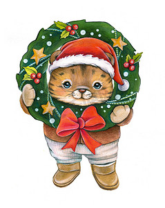 带圣诞花环水彩手绘的小猫。