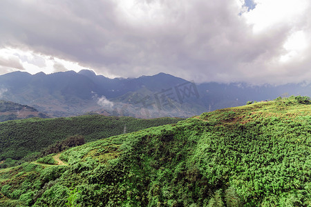 风景山摄影照片_黎明雾中的山林风景山全景