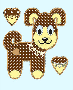 可爱的卡通狗采用平面设计，用于贺卡、邀请函和带有织物纹理的标志。